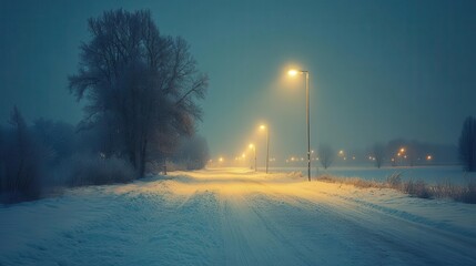 Winter night in the countryside, with snow-covered fields, glowing streetlights, and a clear winter sky, creating a magical winter scene, Serene, Cool Tones, Wide Angle