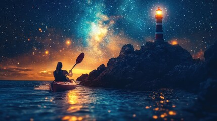 A kayaker boating in shallow rocky sea with lighthouse at night with milky way starring sky