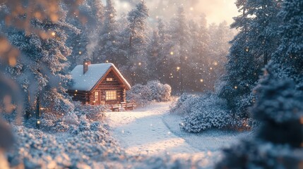 Winter retreat in the woods, with a cozy cabin nestled among snow-covered trees, creating a warm and inviting winter scene, Cozy, Cool Tones, Atmospheric