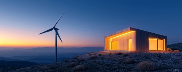 a modern house at dusk, with lights powered by solar energy and a wind turbine in the backyard