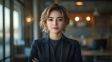 Poster - Confident young woman with short blonde hair and a black blazer, standing in an office setting.