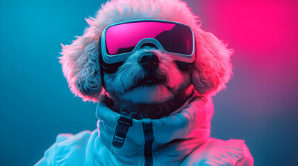 Cool dog wearing ski goggles with neon blue and pink lights in background.