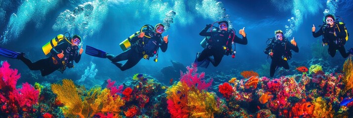 Wall Mural - Portrait of diver with thumbs up gesture with colorful beautiful coral reef with sea life fishes