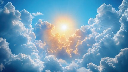 idyllic summer cloudscape with vibrant blue sky fluffy white clouds drift lazily as golden sunbeams pierce through warm inviting atmosphere perfect for a landscape banner