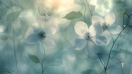 Canvas Print - Delicate white flowers with green leaves on a soft blue background.