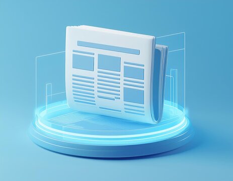 3D rendering of a newspaper on a blue platform with a blue glow, 3D Illustration