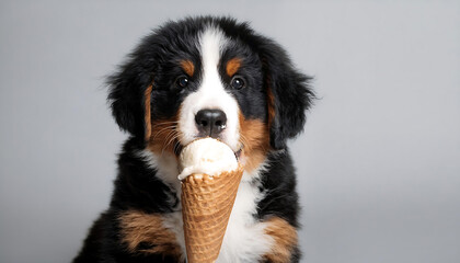 Wall Mural - baby bernese mountain dog eating ice cream