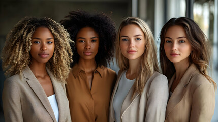 Poster - Four diverse women in beige and brown clothing.