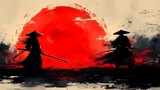 Two Samurai Silhouettes with a Red Rising Sun in the Background.