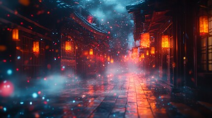 Wall Mural - Mysterious and Enchanting Night Street with Red Lanterns and Fog.