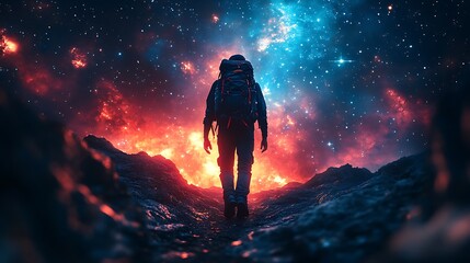 Wall Mural - Man Walking Towards a Cosmic Landscape.