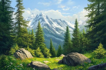 Beautiful mountain view with forests and rocks, ai