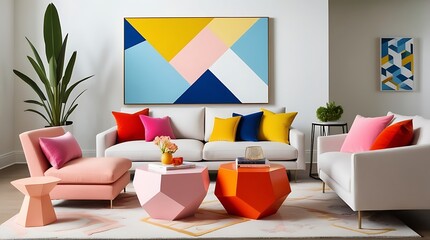 Contemporary Living Room with Geometric and Colorful Accents