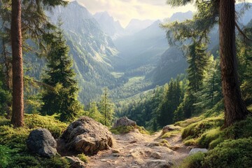 Wall Mural - Beautiful mountain view with forests and rocks, ai