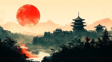 A lone figure stands on a cliff overlooking a Japanese city with a large red sun in the sky.