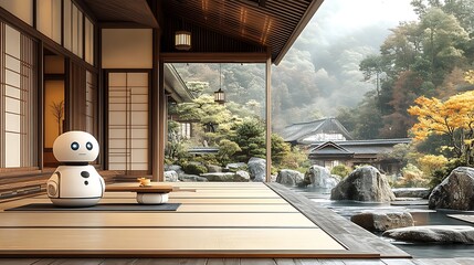 Wall Mural - Robot in a Traditional Japanese House with a View of a Garden.