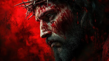 powerful illustration of christs suffering crown of thorns intense emotion chiaroscuro lighting textured brushstrokes deep shadows