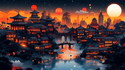 Wall Mural - Illuminated Cityscape with Pagoda Buildings and a Full Moon.