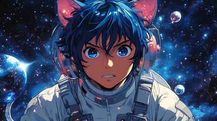 Canvas Print - Anime Astronaut with Cat Ears in Space.