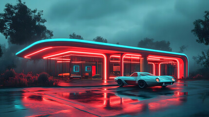 Wall Mural - Futuristic neon-lit building with a classic car parked in front, reflecting in a wet asphalt.