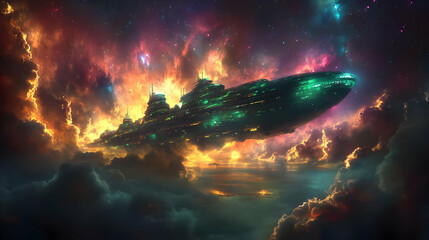 Wall Mural - Futuristic spaceship soaring through a starry sky with colorful clouds.