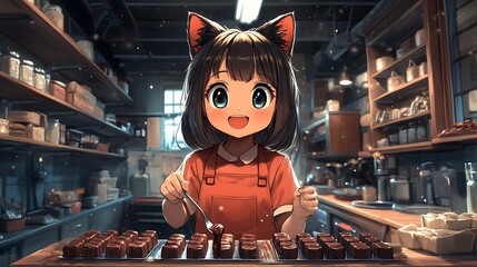 A young woman with cat ears in a bakery, she looks happy with her work.