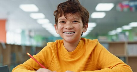 Poster - Boy, education and happy at library in school with notebook for assessment or assignment. Kid, studying and smile or proud on portrait with stationery for child growth and brain development