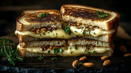 Wall Mural - Grilled cheese sandwich with melted cheese, nuts, and herbs.