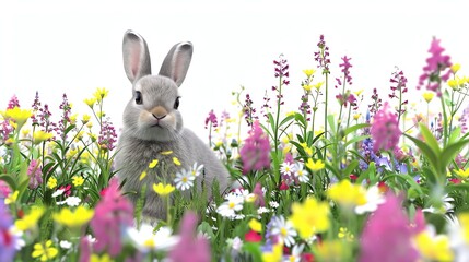 A cute grey bunny sitting in a field of colorful wildflowers.