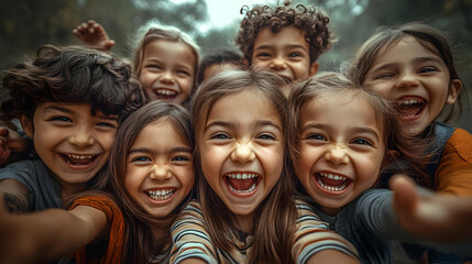 Sticker - Group of happy children laughing and smiling at the camera.