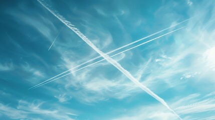 A blue sky with white contrails from airplanes crossing paths.