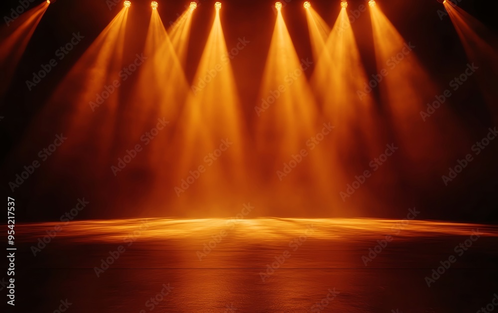 Illuminated stage with warm orange lights creating a vibrant atmosphere ...