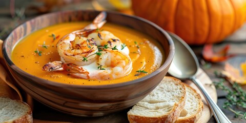 Sticker - Spicy Pumpkin Soup with Grilled Shrimp Buttermilk Cream and Bread Slices Perfect for Thanksgiving Feast Delicious Fall Delights