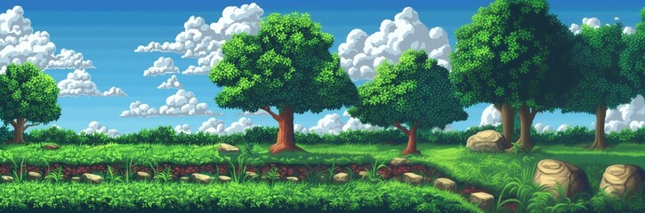 Wall Mural - Pixel Art Spring Summer Nature Landscape, Video Game Outdoor Platformer Asset Background, 8bit Retro Trees Grass Meadow Blue Sky Backdrop, Side-scroller Side View Pixelated Valley