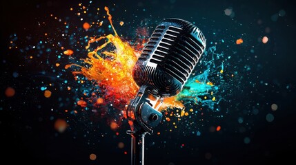 A stylized dripping retro microphone with vivid colors, featuring fluid motion and glossy highlights, designed as a trendy vector sticker for creative projects