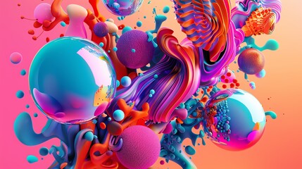 Canvas Print - Abstract 3D render of colorful, wavy, glossy shapes.