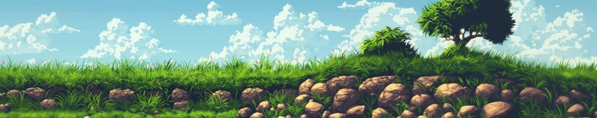 Wall Mural - Pixel Art Spring Summer Nature Landscape, Video Game Outdoor Platformer Asset Background, 8bit Retro Trees Grass Meadow Blue Sky Backdrop, Side-scroller Side View Pixelated Valley