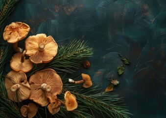 Close-up of pine needles and bright orange mushrooms on a dark surface, styled as natural product photography with top-down flat lay.