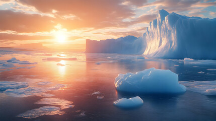 Wall Mural - Majestic icebergs bathed in golden sunset light with calm water.