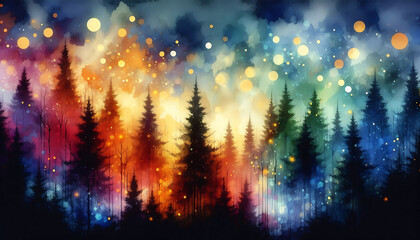 Abstract depiction of a forest at dusk tall dark evergreen trees against a colorful background. The scene is illuminated by numerous glowing orbs of light in warm hues of orange yellow and cool blues 