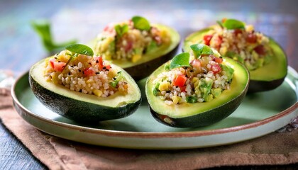 Avocado Quinoa Salad Bowls: A vibrant and healthy meal, featuring quinoa, avocado, and tomatoes. The bowls are beautifully presented on a rustic wooden table. The delicious and nutritious salad is per