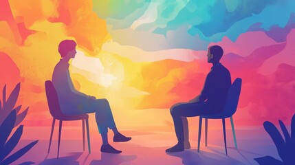 A vibrant illustration of two figures engaged in deep conversation against a colorful, abstract background.