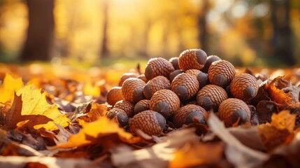 Closeup of a pile of acorns on the forest ground, surrounded by fallen orange and yellow leaves, capturing the essence of autumn