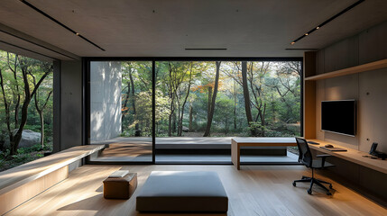 Poster - Minimalist living room with large windows overlooking a lush forest.