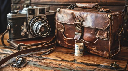 Poster - A vintage camera and leather bag on a wooden table.