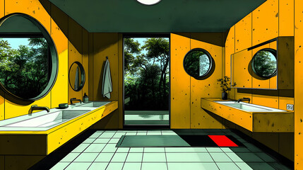 Poster - Modern bathroom interior with large window overlooking nature.