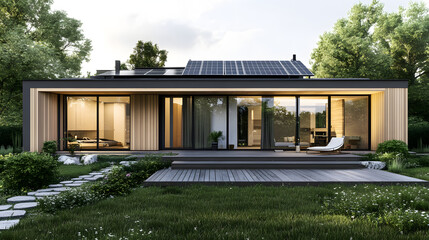 A sleek solar-powered house nestled in a verdant landscape, with large glass windows, a natural wood and stone exterior, and solar panels on the roof.