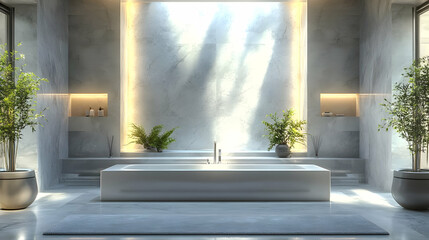 Poster - Modern bathroom with freestanding tub, marble walls and plants.