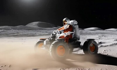 Wall Mural - An astronaut maneuvers a rover across the surface of the Moon