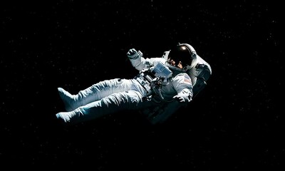 an astronaut drifts alone in the infinite darkness of space.